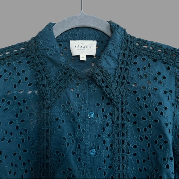 SEZANE Turquoise Blue Embroidered Eyelet Lace Button Down Cara Shirt Blouse Top - Picture 10 of 17